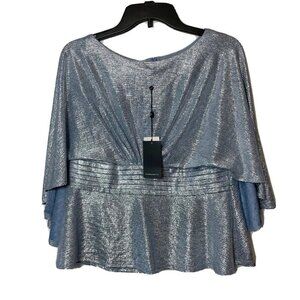 Adrianna Papell Foil Jersey Capelet Peplum Top Blue 14P Metallic Formal NWT